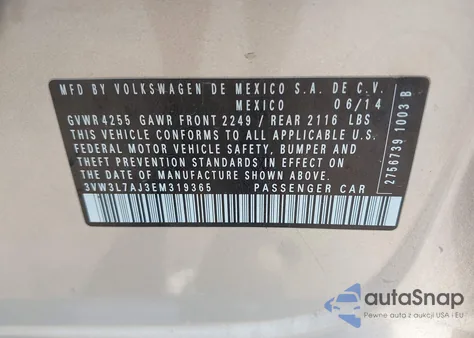 2014 Volkswagen Jetta 2.0L Tdi из США, поврежденный, VIN 3VW3L7AJ3EM319365